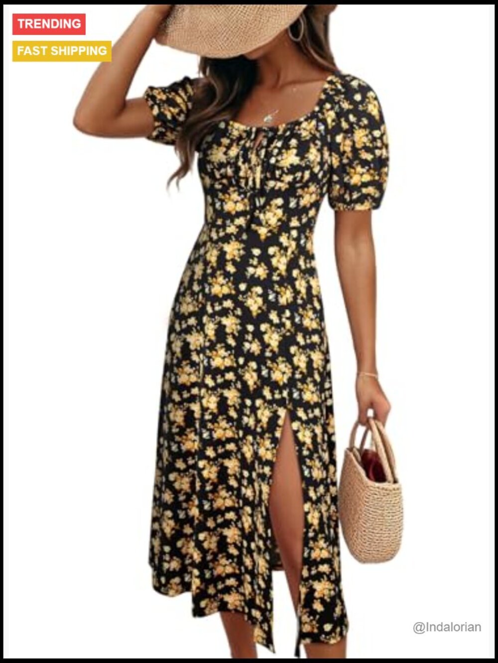 High Waist A-Line Midi Dress with Side Split and Tie Front - Picture 4 of 7